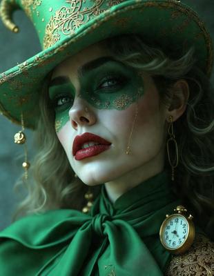 The primary subject of the image is a woman wearing a green hat, green makeup, and a green dress. She is posing for the camera, and her outfit and makeup suggest a theatrical or costume party theme. The setting appears to be a dark room, with a clock visible in the background. The visual style of the image is a combination of photo and digital art, creating a unique and artistic representation of the woman. The colors and mood of the image are predominantly green, giving it a